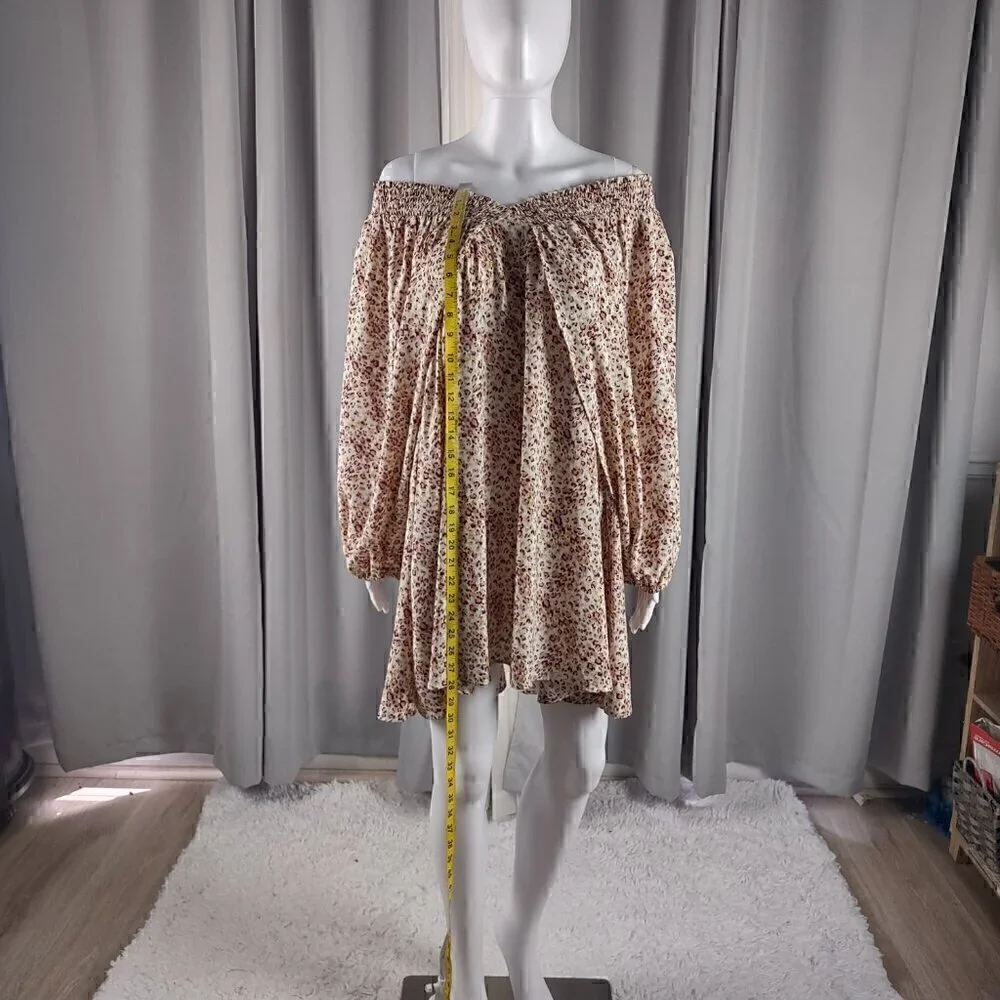 Jodifl Leopard Print Off Shoulder Smocked Balloon Sleeve Mini Dress Boho Size M - Picture 7 of 15